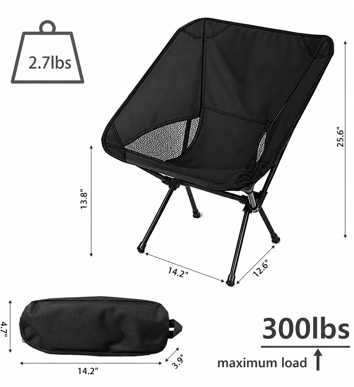 Wind Tour Portable Camping Chair Lightweight Foldable Outdoor Chair for Hiking Camp Backpacking Lawn Beach Fishing Picnic with Carry Bag (Black)