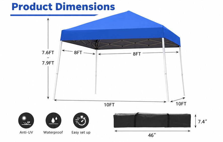 Pop-up Canopy Tent, 10x10 Foot, Slant Legs with Carrying Bag, Gazebo Shelter for Patio Deck Garden and Beach, 8x8 Foot Cover Included, Blue