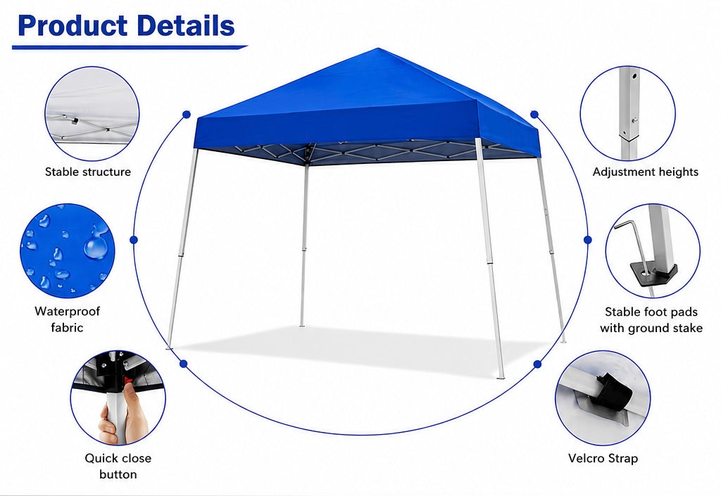 Pop-up Canopy Tent, 10x10 Foot, Slant Legs with Carrying Bag, Gazebo Shelter for Patio Deck Garden and Beach, 8x8 Foot Cover Included, Blue