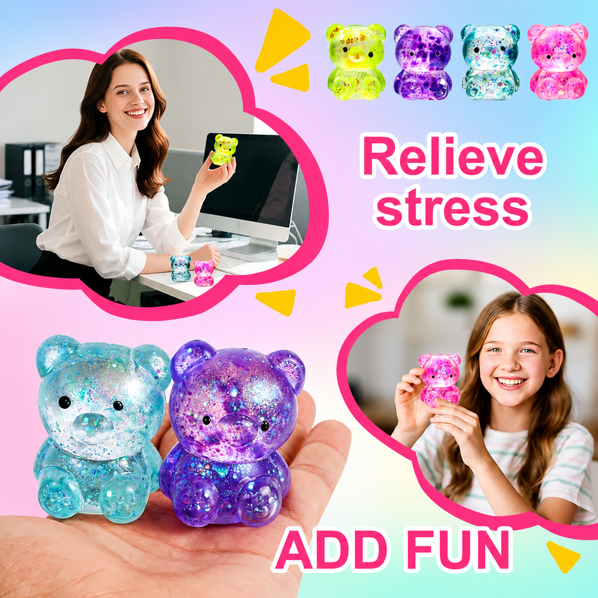 8 Pack Bear Squishy Toys, Glitter Colorful Sensory Stress Balls for Anxiety Relief, Squishy Balls Fidget Toys for Kids Adult, Squeeze Balls Bulk, Party Favors Goodie Bags Stuffer for Boys Girls